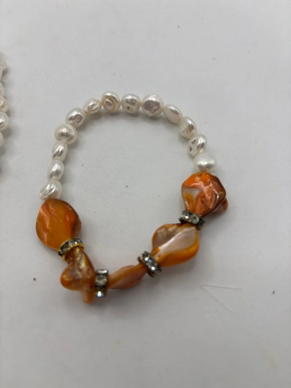 VTG Artisan necklace white freshwater baroque pearls w/orange mother of pearl - Picture 9 of 10